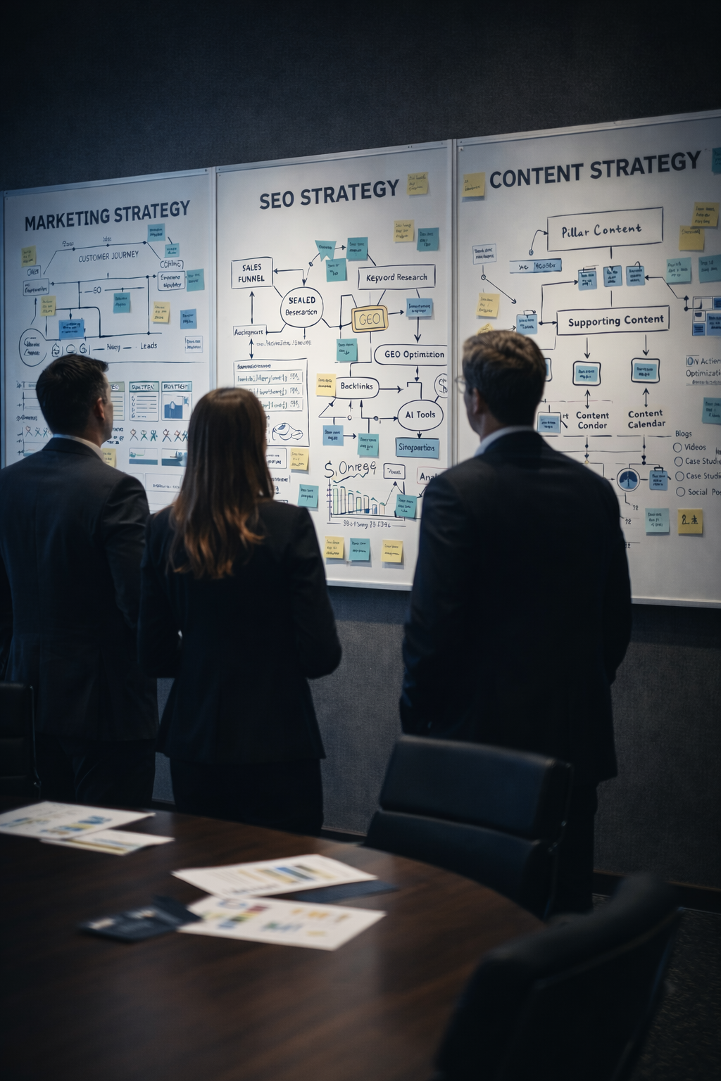 Strategic marketing, SEO, and content framework session illustrating growth strategy, GEO optimization, keyword research, AI tools, and structured digital authority systems.